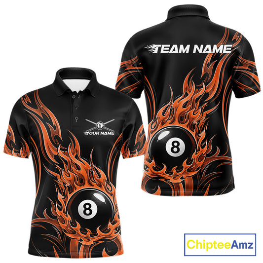 Custom Orange Tribal Flame 8 Ball Billiards Men Polo Shirt, Pool League Shirt IPHW11754