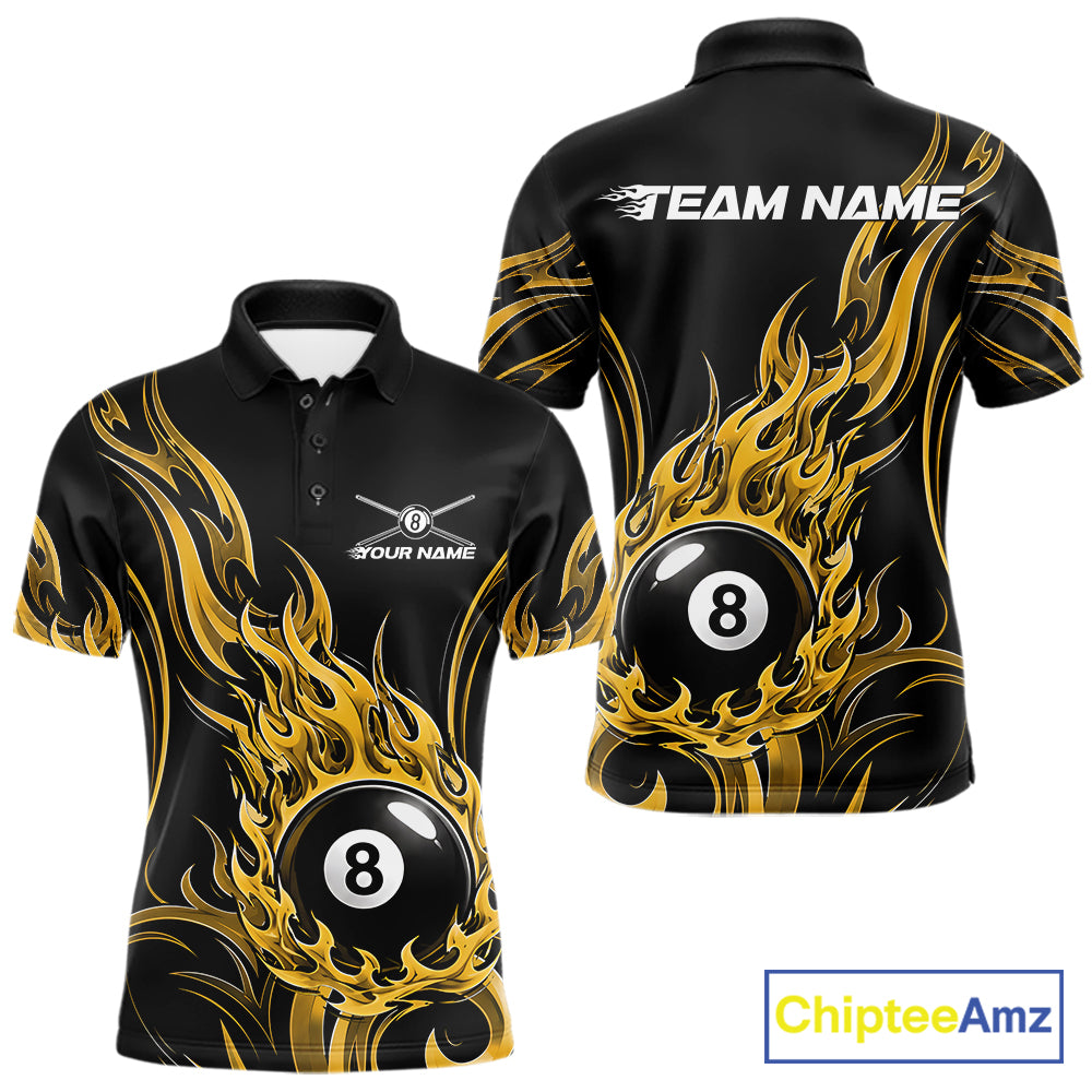 Custom Yellow Tribal Flame 8 Ball Billiards Men Polo Shirt, Pool League Shirt IPHW11756