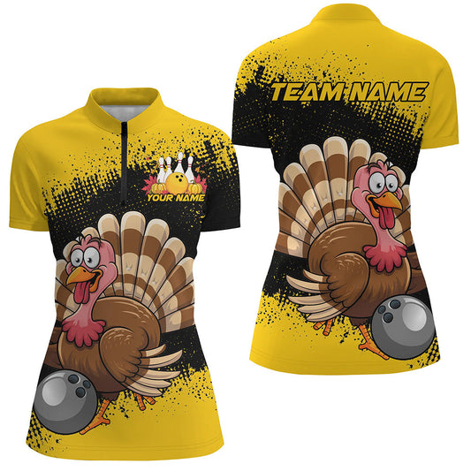 Black And Yellow Custom Funny Turkey Bowling Shirts For Women, Thanksgiving Bowling Uniform IPHW7870