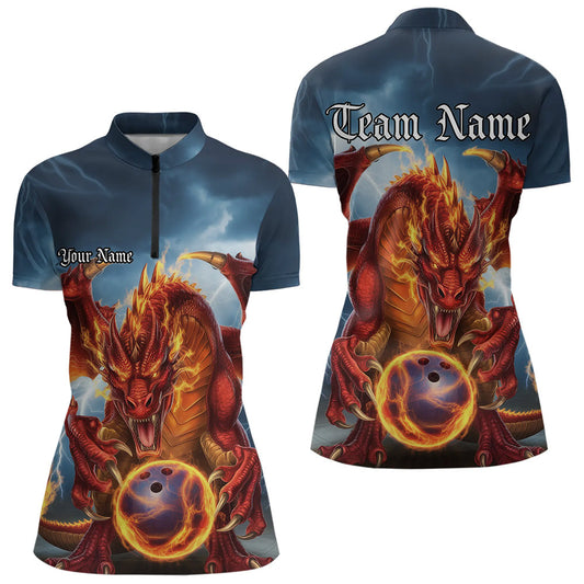 Custom Blue Thunder Lightning Flame Dragon Bowling Quarter-Zip Team Shirts For Women IPHW8306