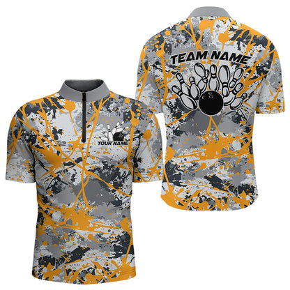 Custom Yellow Splatter Bowling Team Quarter-Zip Shirts For Men, Bowling Tournament Shirts IPHW8308