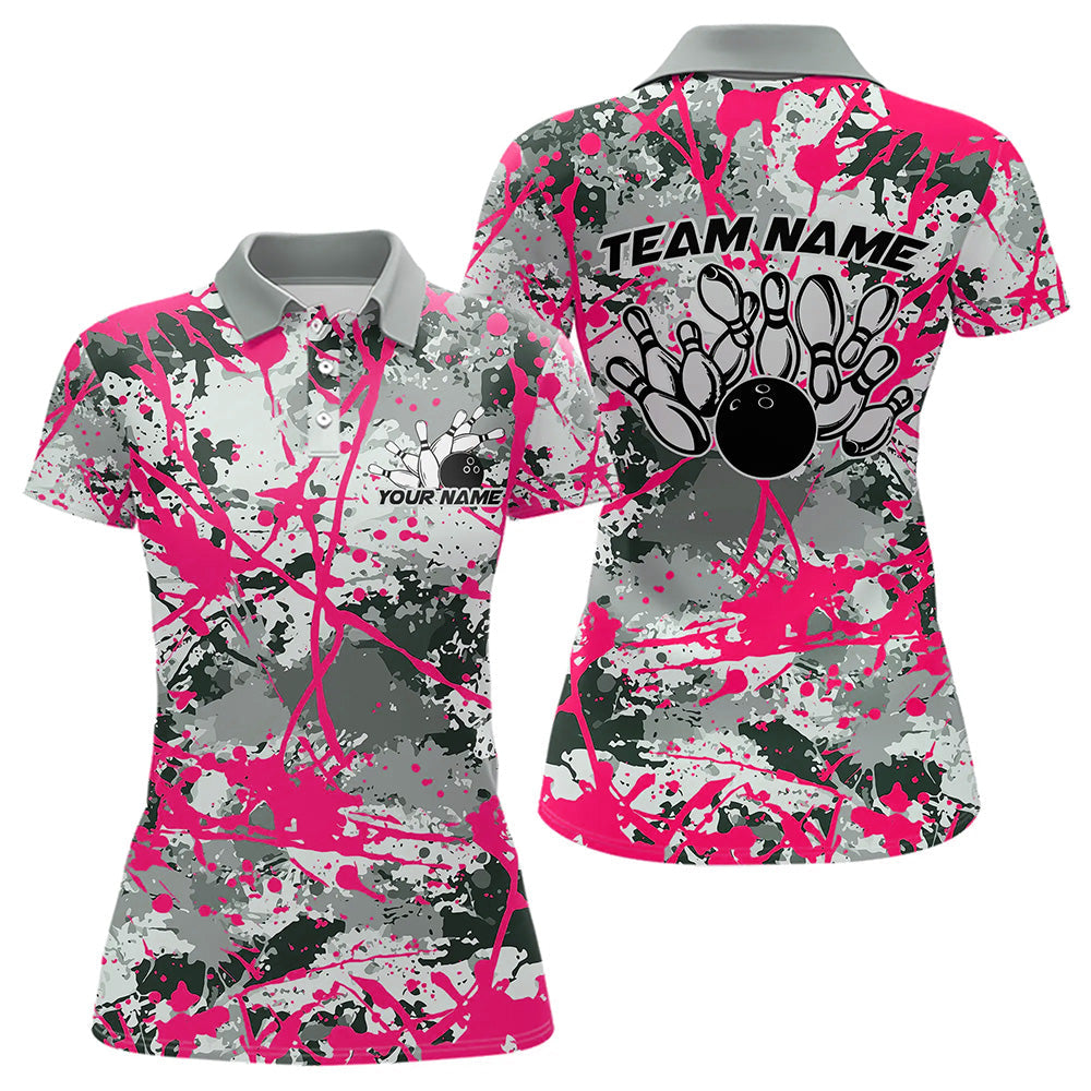 Custom Pink Splatter Bowling Team Polo Shirts For Women, Bowling Tournament Shirts IPHW8309