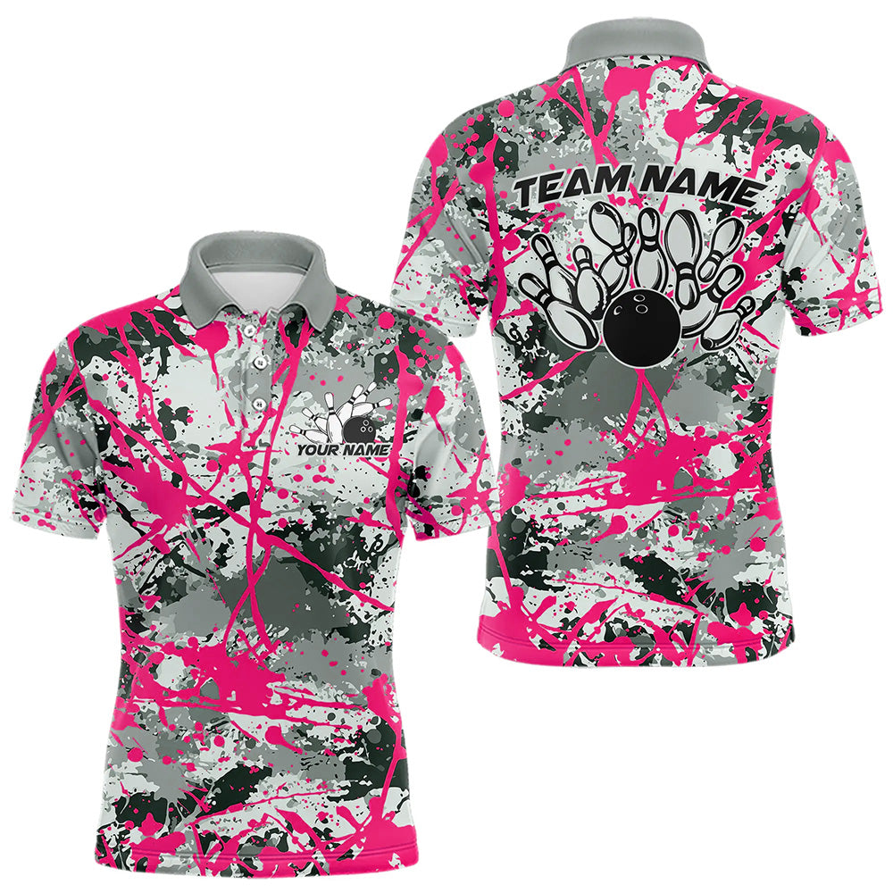 Custom Pink Splatter Bowling Team Polo Shirts For Men, Bowling Tournament Shirts IPHW8309