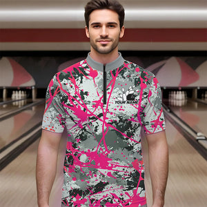 Custom Pink Splatter Bowling Team Quarter-Zip Shirts For Men, Bowling Tournament Shirts IPHW8309