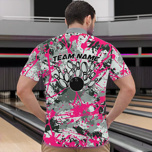 Custom Pink Splatter Bowling Team Quarter-Zip Shirts For Men, Bowling Tournament Shirts IPHW8309