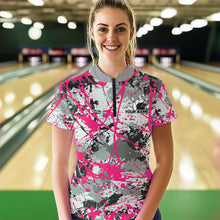 Load image into Gallery viewer, Custom Pink Splatter Bowling Team Quarter-Zip Shirts For Women, Bowling Tournament Shirts IPHW8309