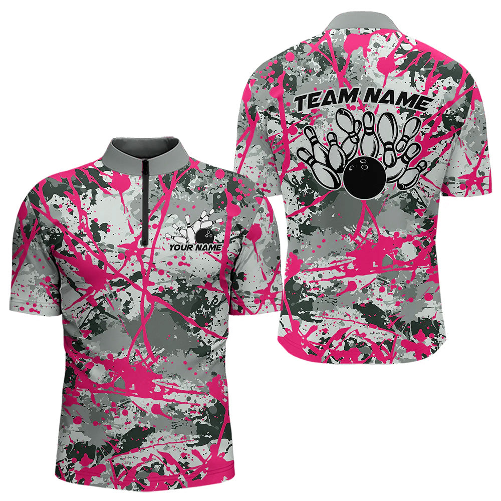 Custom Pink Splatter Bowling Team Quarter-Zip Shirts For Men, Bowling Tournament Shirts IPHW8309