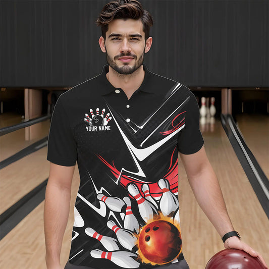 Custom Black And Red Flame Bowling Polo Shirts For Men, Fire Bowling Team Uniform IPHW8316