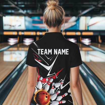 Custom Black And Red Flame Bowling Polo Shirts For Women, Fire Bowling Team Uniform IPHW8316