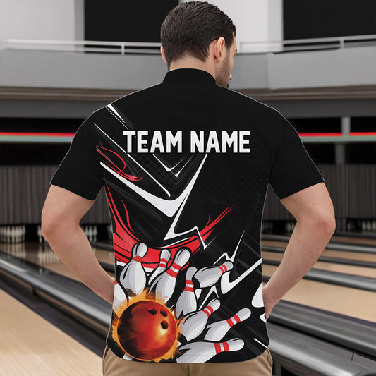 Custom Black And Red Flame Bowling Quarter-Zip Shirts For Men, Fire Bowling Team Uniform IPHW8316