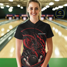 Load image into Gallery viewer, Front view of a happy female model in a bowling alley wearing a red custom quarter-zip bowling shirt featuring an aggressive dragon with flames in a dynamic and energetic design.