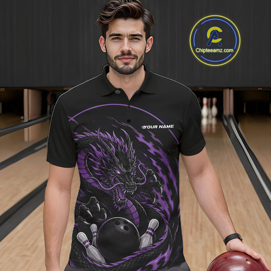 Front view of a male model in a bowling alley wearing a purple custom bowling polo shirt featuring an aggressive dragon with flames in a dynamic and energetic design.