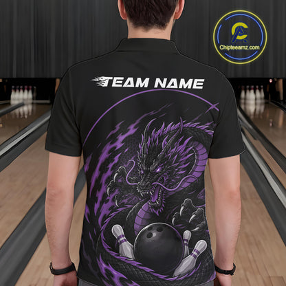 Back view of a male model in a bowling alley wearing a purple custom bowling polo shirt featuring an aggressive dragon with flames in a dynamic and energetic design.