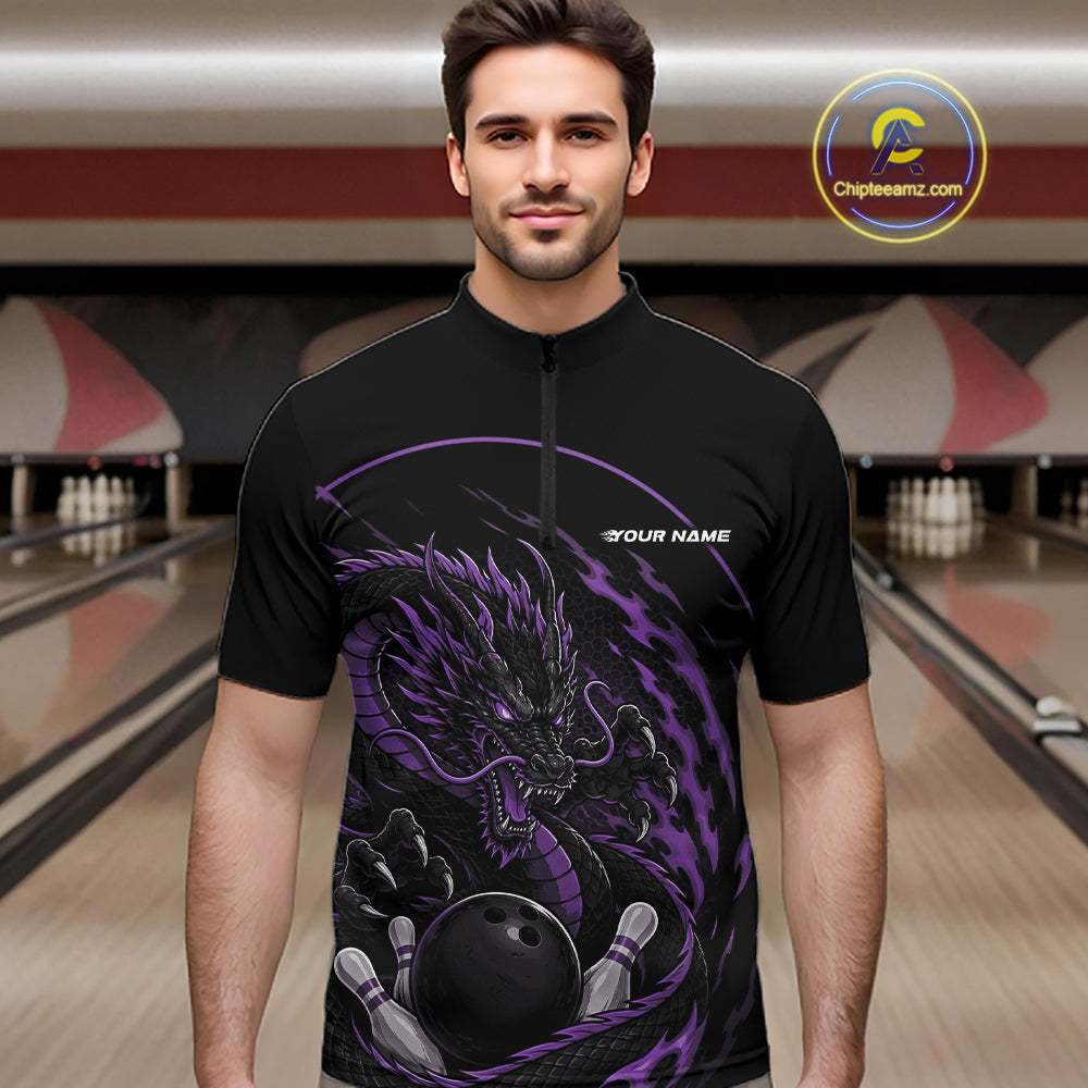 Front view of a male model in a bowling alley wearing a purple custom quarter-zip bowling shirt featuring an aggressive dragon with flames in a dynamic and energetic design.