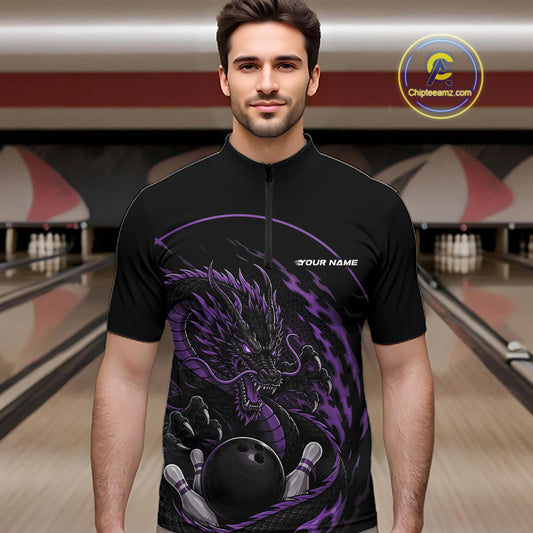 Front view of a male model in a bowling alley wearing a purple custom quarter-zip bowling shirt featuring an aggressive dragon with flames in a dynamic and energetic design.