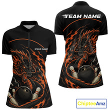 Load image into Gallery viewer, Front and back views of an orange custom women's quarter-zip bowling shirt featuring an aggressive dragon with flames in a dynamic and energetic design.