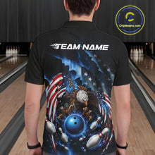 Load image into Gallery viewer, Male model back view in a bowling lane wearing a bowling polo shirt with bald eagle artwork, blue bowling ball, flying pins, and American flag background.