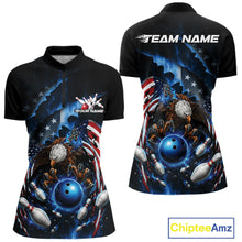 Load image into Gallery viewer, Front and back women’s bowling quarter zip mockup featuring a bald eagle, blue bowling ball, flying pins, and American flag artwork.