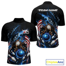 Load image into Gallery viewer, Front and back men’s bowling quarter zip shirt mockup featuring a bald eagle, blue bowling ball, flying pins, and American flag artwork.