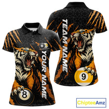 Load image into Gallery viewer, Front and back women’s polo shirt mockup featuring a roaring tiger emerging through orange claw marks while gripping billiard balls.