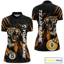 Load image into Gallery viewer, Front and back women’s Billiard quarter zip mockup featuring a roaring tiger emerging through orange claw marks while gripping billiard balls.