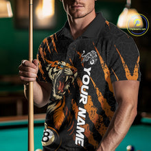 Load image into Gallery viewer, Front view male model wearing a polo shirt with a roaring tiger gripping billiard balls through orange claw marks.