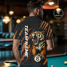Load image into Gallery viewer, Male model back view wearing a Billiard polo shirt with roaring tiger artwork, billiard balls, and orange claw accents.