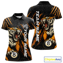 Load image into Gallery viewer, Women’s polo shirt mockup shown front and back with a roaring tiger motif, orange claw marks, and billiard balls.