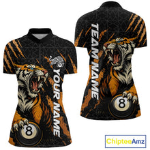 Load image into Gallery viewer, Women’s Billiard quarter zip mockup shown front and back with roaring tiger artwork, orange claw marks, and billiard ball graphics.