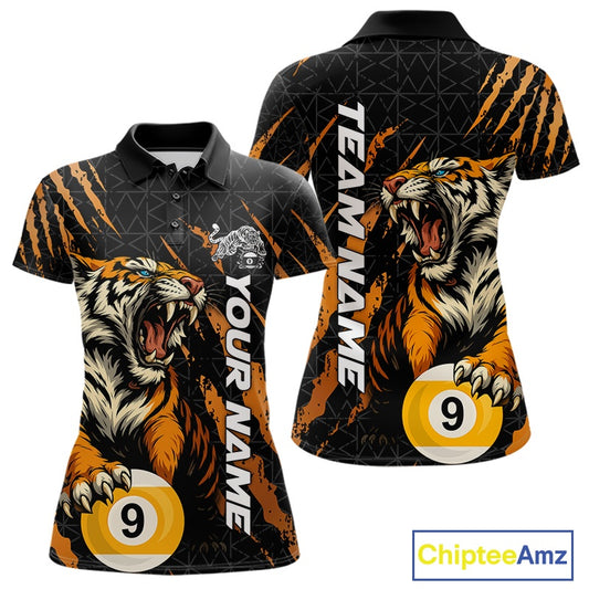 Front and back women’s polo shirt mockup with roaring tiger artwork emerging through orange claw marks while gripping billiard balls.