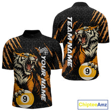 Load image into Gallery viewer, Front and back men’s quarter zip Billiard shirt mockup with a roaring tiger motif, billiard balls, and bold orange claw mark accents.
