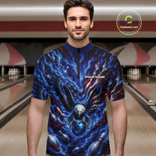 Load image into Gallery viewer, Male model front view in a bowling lane wearing a quarter zip shirt with eagle graphics, bowling ball, flowing flag accents, and pins.