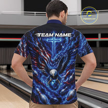 Load image into Gallery viewer, Front view of a male model at a bowling lane wearing a quarter zip shirt with eagle artwork around a bowling ball, flag elements, and pins.
