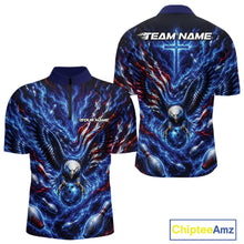 Load image into Gallery viewer, Front and back men’s bowling quarter zip shirt mockup featuring an eagle surrounding a bowling ball with flowing flag elements and pins.