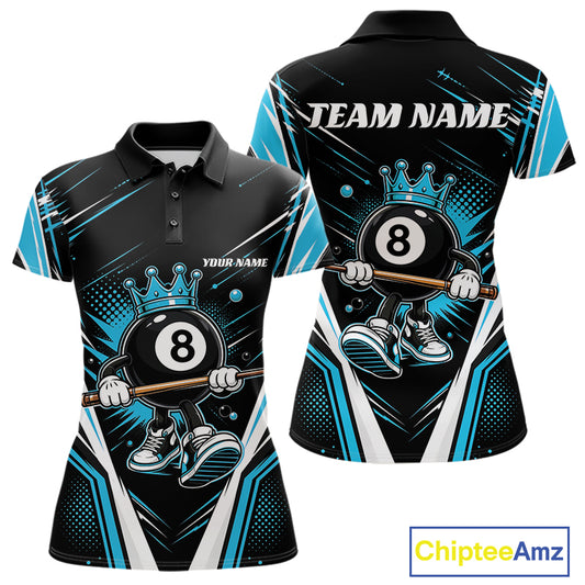 Custom Funny 8 Ball Wearing Crown Billiards Queen Women Polo Shirt, Blue Pool Team Jerseys IPHW11790