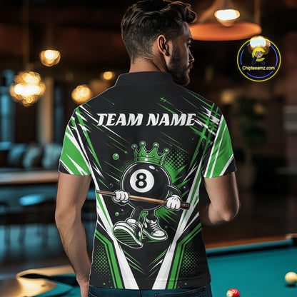 Custom Funny 8 Ball Wearing Crown Billiards King Men Polo Shirt, Green Pool Team Jerseys IPHW11793