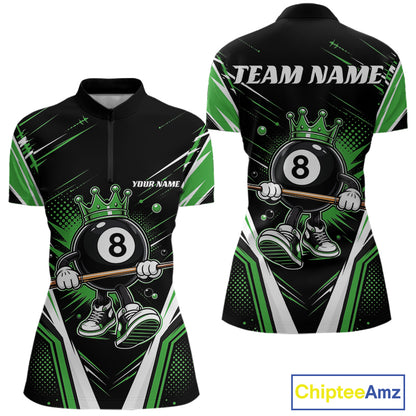 Custom Funny 8 Ball Billiards Queen Women Quarter-Zip Shirt, Green Pool Team Jerseys IPHW11793