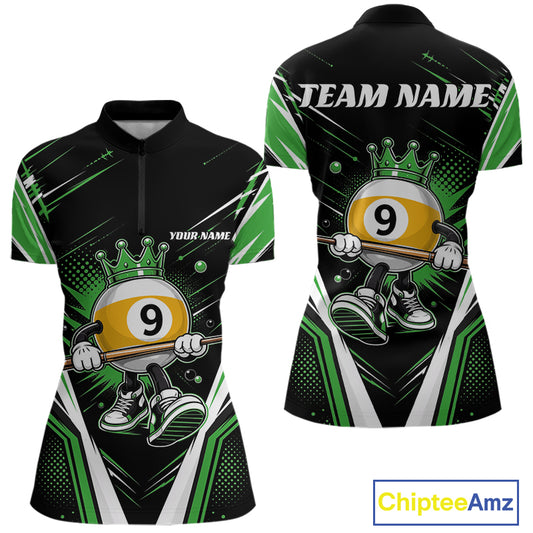 Custom Funny 9 Ball Billiards Queen Women Quarter-Zip Shirt, Green Pool Team Jerseys IPHW11798