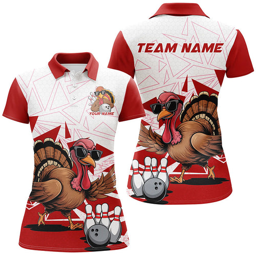 White And Red Custom Funny Turkey Ladies Bowling Shirts, Thanksgiving Bowling Team Jerseys IPHW7874