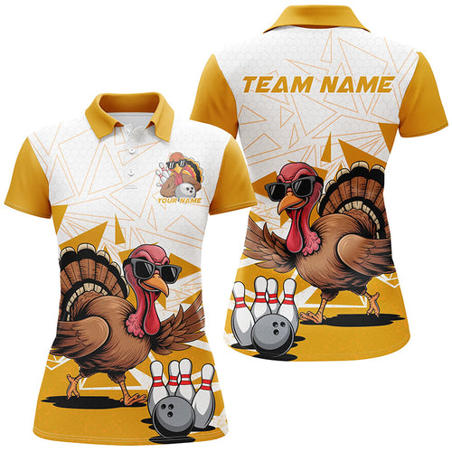 White And Yellow Custom Funny Turkey Ladies Bowling Shirt, Thanksgiving Bowling Team Jersey IPHW7875