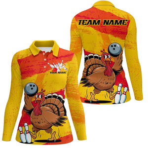 Orange And Yellow Custom Funny Turkey Ladies Bowling Shirts, Thanksgiving Bowling Outfits IPHW7883