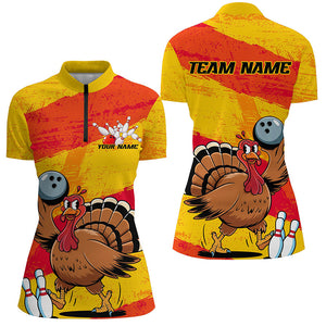 Orange And Yellow Custom Funny Turkey Ladies Bowling Shirts, Thanksgiving Bowling Outfits IPHW7883