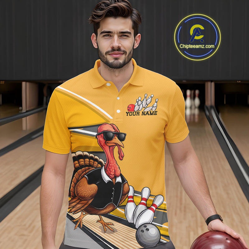 Custom Yellow Funny Turkey Bowling Team Shirts For Men, Thanksgiving Bowler Outfits IPHW7885