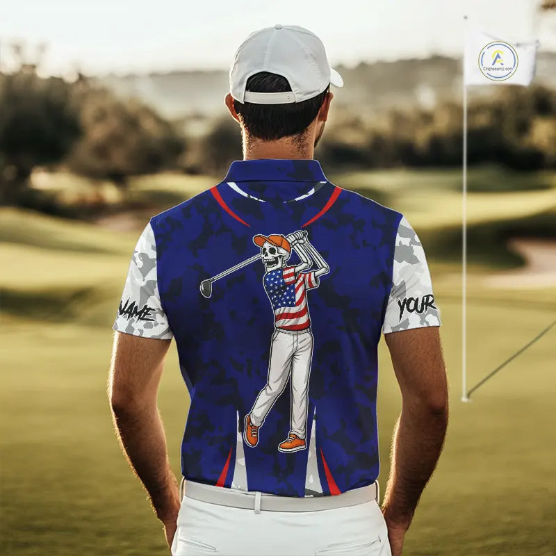 USA flag camo golf outfits funny skull golf polo shirts for Men custom patriotic golf shirts for men NQS11400