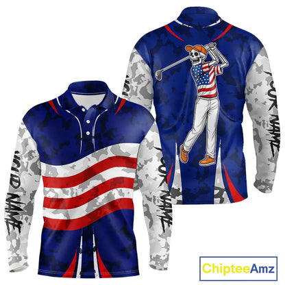 USA flag camo golf outfits funny skull golf polo shirts for Men custom patriotic golf shirts for men NQS11400