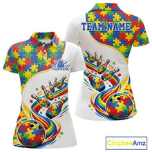 Load image into Gallery viewer, Women’s polo shirt mockup front and back displaying white shirt with vibrant autism bowling strike design and puzzle artwork