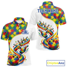 Load image into Gallery viewer, Men’s bowling polo shirt mockup front and back showing colorful autism-themed bowling strikes with vibrant puzzle artwork on white fabric