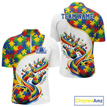 Load image into Gallery viewer, Front And Back View Of White Mens Bowling Quarter-Zip Shirt Mockup With Autism Bowling Strike Illustration And Vibrant Puzzle Pattern Design
