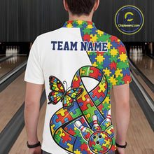 Load image into Gallery viewer, Male model at a bowling lane, back view of white polo shirt showcasing autism ribbon puzzle design, butterfly, and bowling strike illustration
