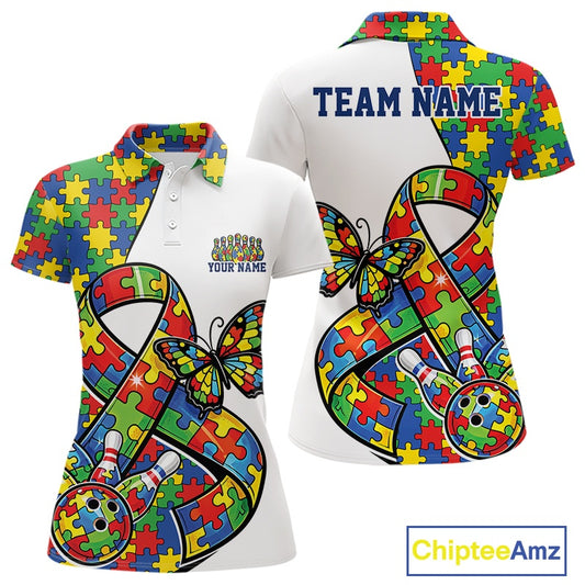 Women’s polo shirt mockup front and back displaying white shirt with autism awareness ribbon filled with puzzle pattern, butterfly, and bowling strike graphics